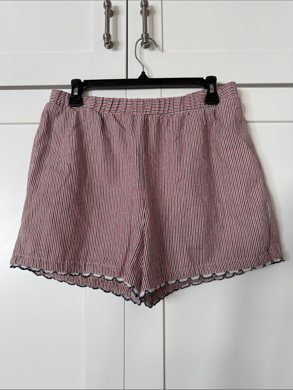Tuckernuck Red, Blue and White Striped Scallop-Hem High-Waist Shorts